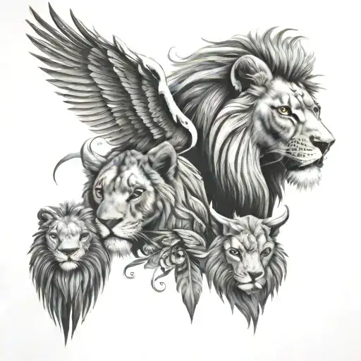Lion face and phenix with a cub tattoo design idea