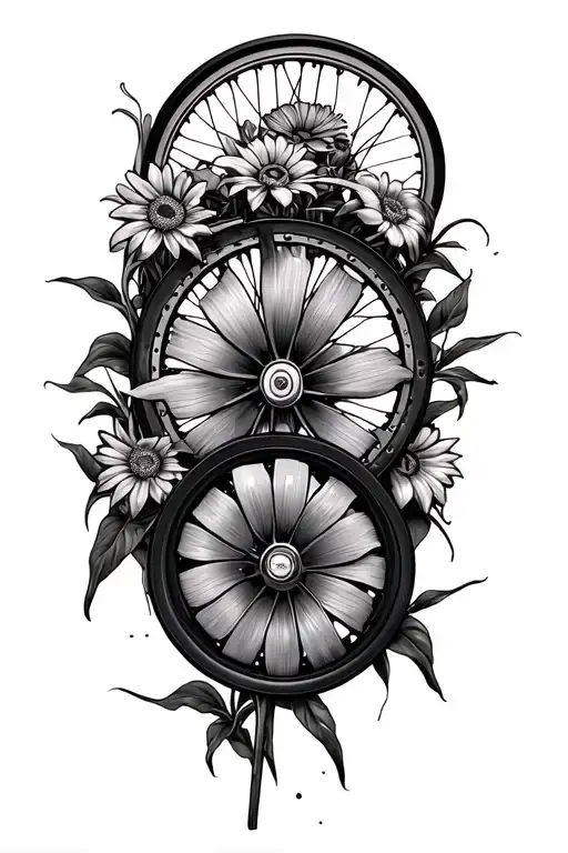 5 motorcycle wheels instead of flowers and corn stalks for filler tattoo design idea