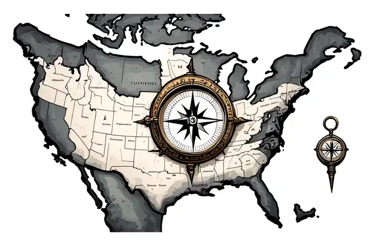 A compass beside a torn antique map of the eastern and gulf coast regions of north america tattoo design idea