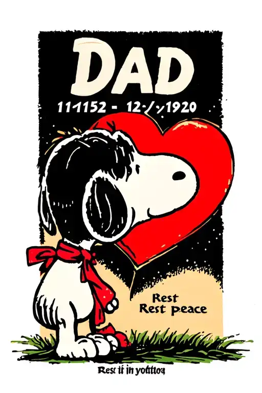 snoopy looking up at red heart with the words Dad 11/21/52 - 12/19/20 Rest in peace tattoo design idea