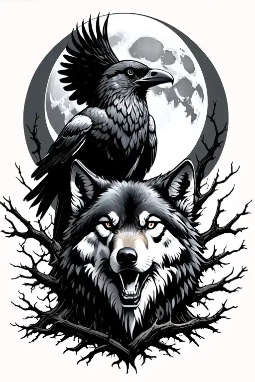 full moon above a sitting raven over a wolf head with dead trees on either side tattoo design idea
