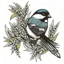 chickadee carrying wheat stalk with cancer ribbon wrapped tattoo design idea