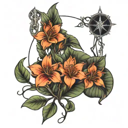 Lilly with aspen trees pentagrams in the night tattoo design idea