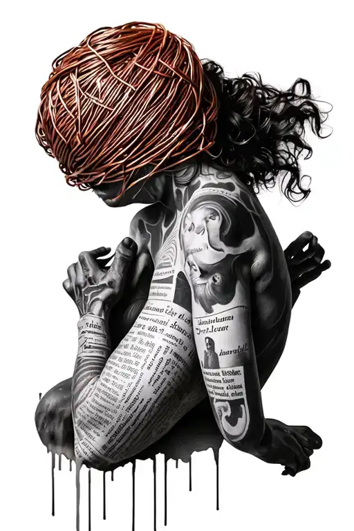 Suffering figure made of twine, copper wire, plaster and old newspapers. Collage. Mixed media.  tattoo design idea