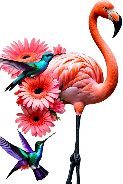 Flamingo with a bunch of bright pink gerbras as the body of the flamingo with a teal and purple hummingbird eatingFrom  tattoo design idea