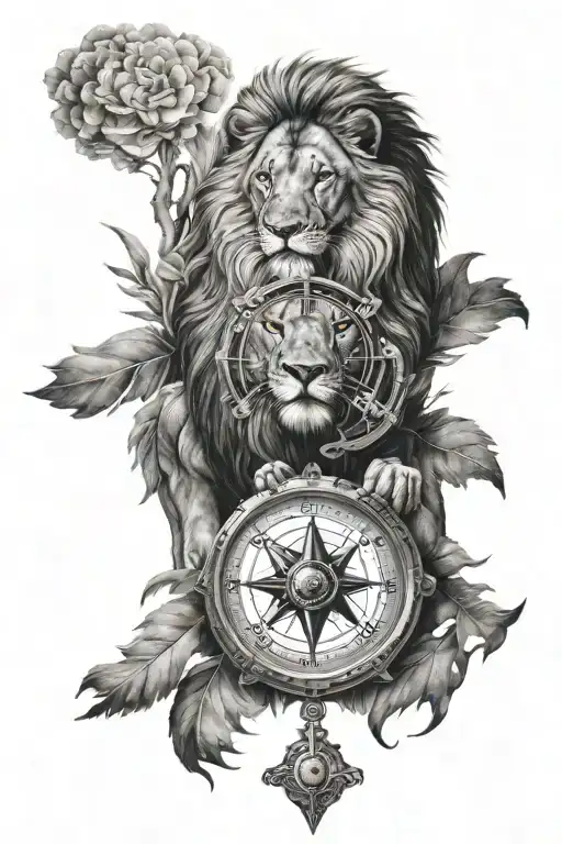 lion compass Roman numerals tattoo design idea