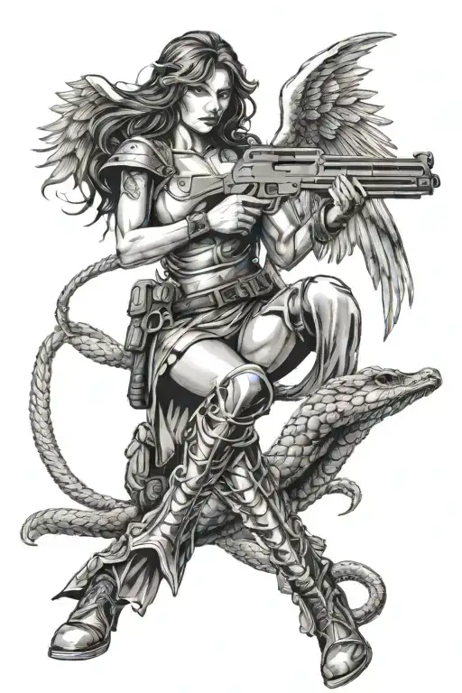 realistic sexy woman angel Warrior with an ak47 rifle killing snake coiled up in a battle scene tattoo design idea