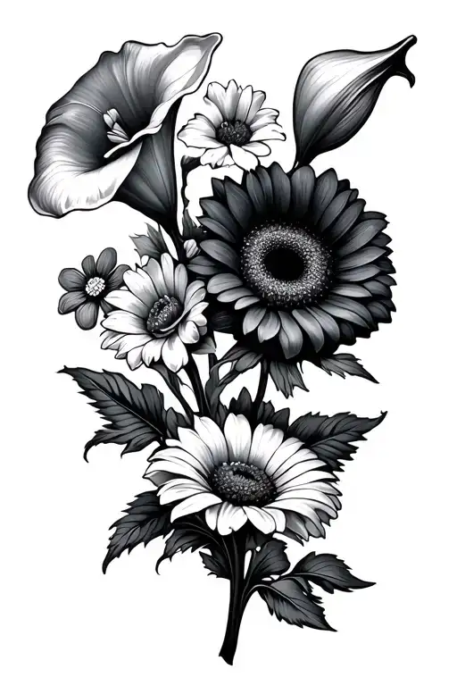 calla lily, gerbera daisy, roses, bluebonnet, daisies, carnations, forget me not flowers, sunflowers tattoo design idea