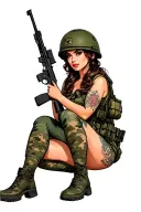 army pin up girl sitting with rifle and helmet tattoo design idea