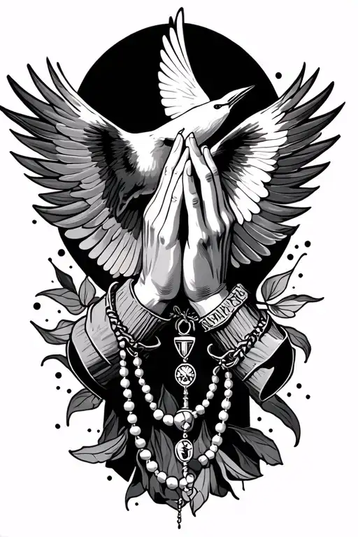 praying hands with a rosary and a bird flying tattoo design idea