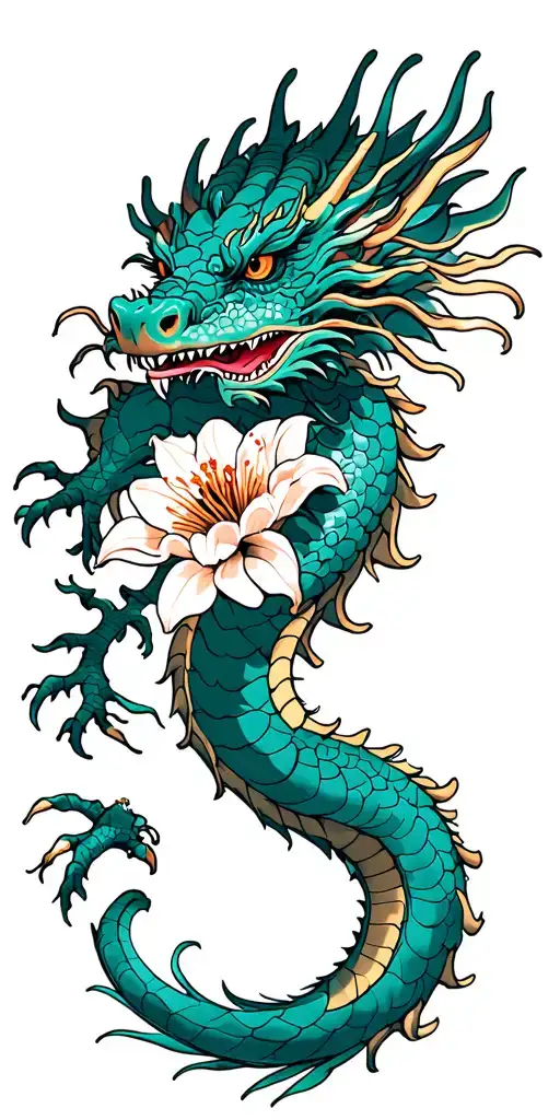 Japan dragon wrapped in spider Lily  tattoo design idea