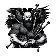 bald bagpiper with black beard with crow featherd muscular body with a mans head and hands playing blackbagpipes tattoo design idea