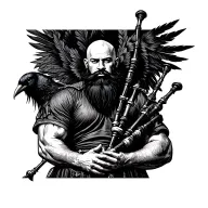 bald bagpiper with black beard with crow featherd muscular body with a mans head and hands playing blackbagpipes tattoo design idea