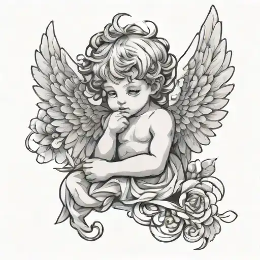 anime cherub line art tattoo design idea