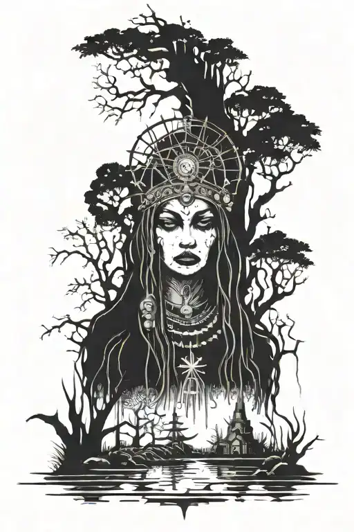 Voodoo priestess surrounded by trees and swamp water with a voodoo church in the background and shadows of a cult ritual tattoo design idea