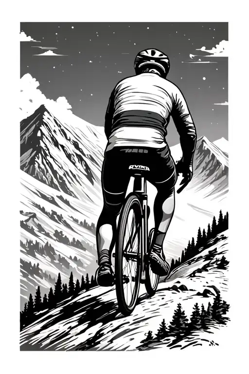 cyclist riding up a mountain seen from behind tattoo design idea