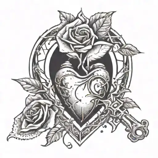 A heart with a keyhole in the center, a Knife as the key unlocking symbolizing betrayal and a rose from concrete tattoo design idea