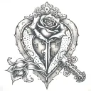 A heart with a keyhole in the center, a Knife as the key unlocking symbolizing betrayal and a rose from concrete tattoo design idea