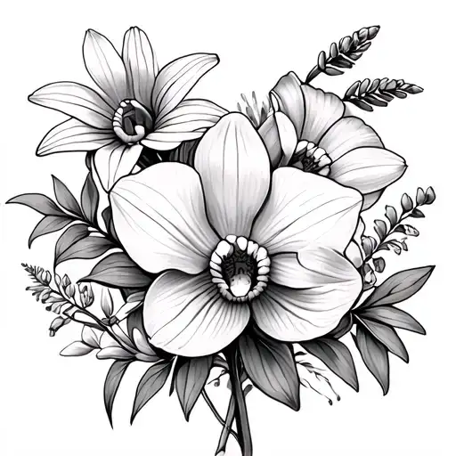 Orchid,tulip,daisy, lupine and wildflowers  arrangement tattoo design idea