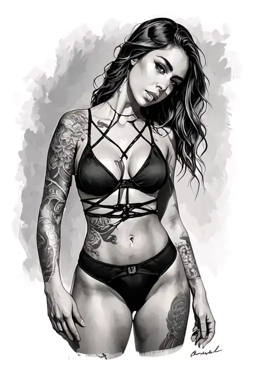 sexy woman in bondage underwear standing facing left tattoo design idea