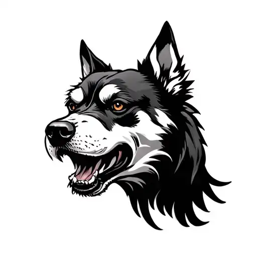 design 3 black work angry barking dog heads one in the middle and one on each side facing opposite directions tattoo design idea