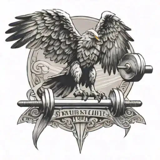 A black and grey tattoo of a majestic eagle lifting a barbell in its talons, representing freedom and strength tattoo design idea