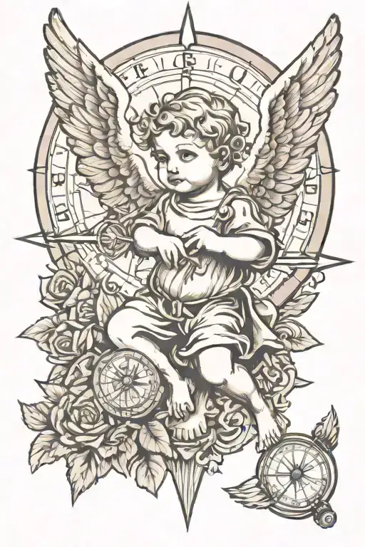 cherub, male angel, compass tattoo design idea