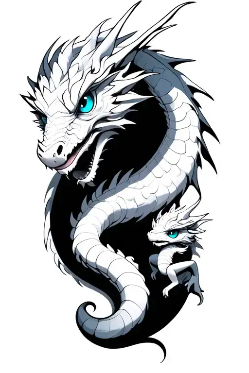 A female white dragons with blue eyes and her little one who has just hatched tattoo design idea