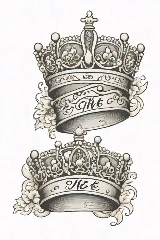 queen and king crowns with japanese writing "you and me" tattoo design idea