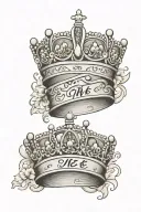 queen and king crowns with japanese writing "you and me" tattoo design idea