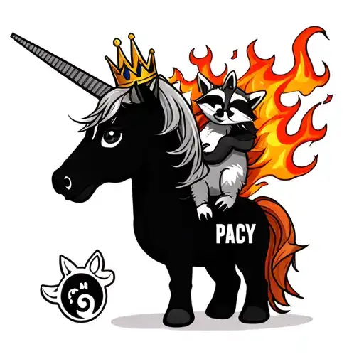 black unicorn with a music crown, fire mane and tail, and a raccoon riding it with PACY branded on it tattoo design idea