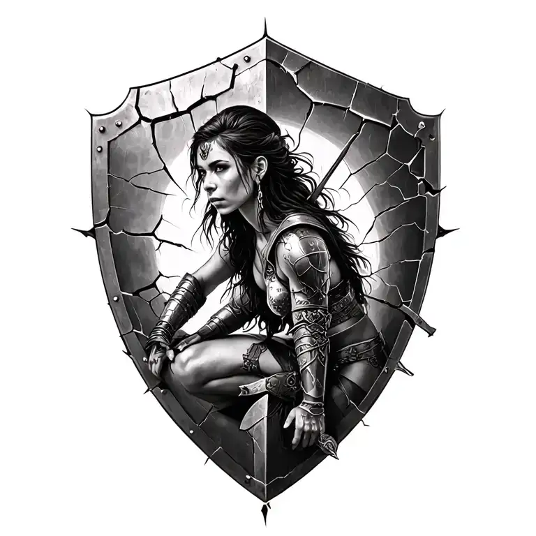 black and white spartin woman warrior sitting on a cracked battle shield tattoo design idea