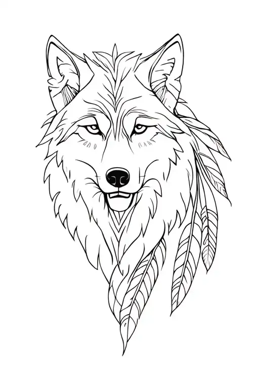 wolf with indian and feathers tattoo design idea