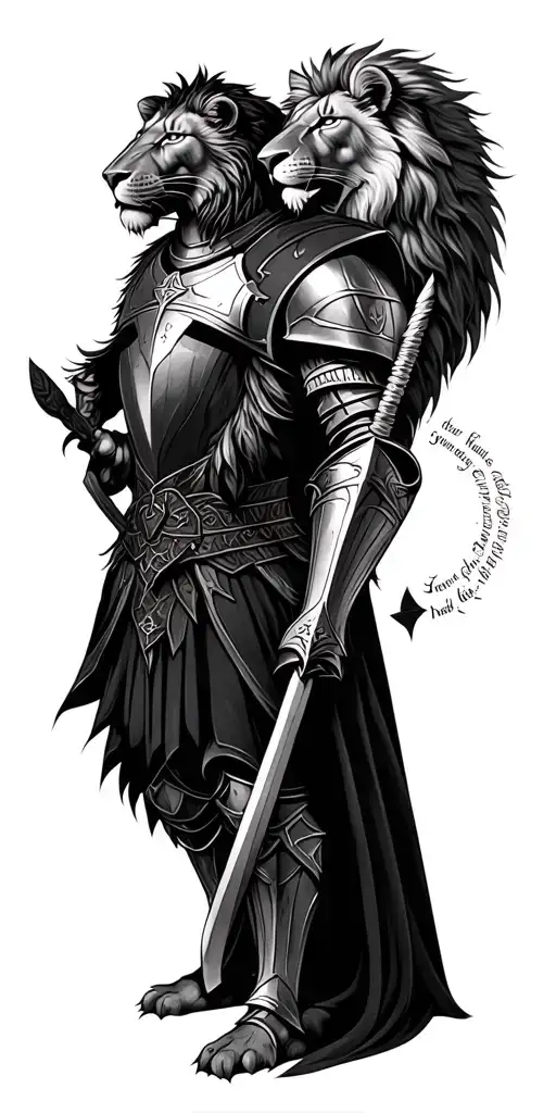 knight templar with a lion and a warrior bible verse written tattoo design idea