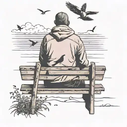 Draw someone with their back turned and sitting on a bench looking at the beach but the sky is pink and birds are flying tattoo design idea