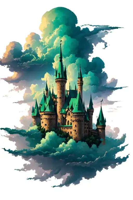 dark clouds and emerald castles  tattoo design idea