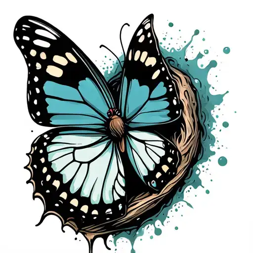 Butterfly emerging from a cocoon. Black and white with a splash of color for the butterfly tattoo design idea