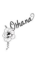 Create a vertical collarbone tattoo of the word Ohana in cursive with a hibiscus flower coming out of the left side of t tattoo design idea