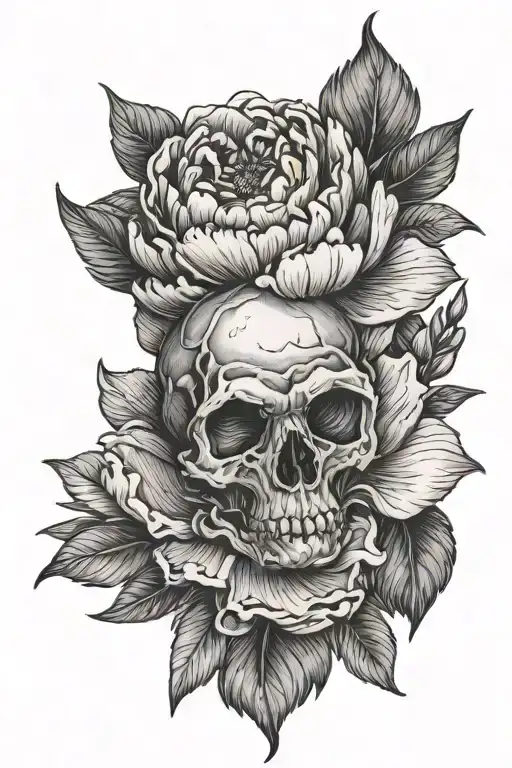 peony at the bottom, gorilla skull in the middle, small peony at the top, few leaves around, 3/4 view, black and gray  tattoo design idea