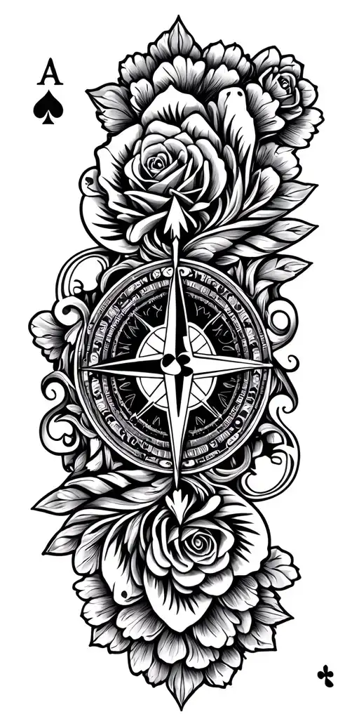 filigree design with playing cards, compass and roses tattoo design idea
