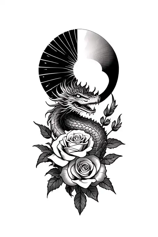 dragon wrapped around 3 roses with a half filipino sun at the top sleeve tattoo design idea