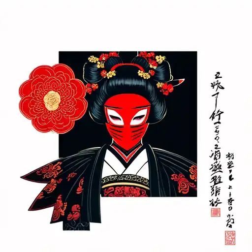 Geisha in a traditional outfit in a red mask of a samurai, half hiding her face tattoo design idea