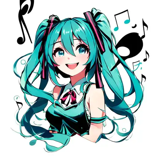 Hatsune miku smiling sourounded by musical notes floating tattoo design idea