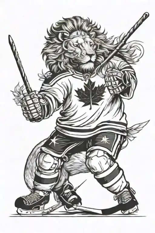 Lion Head and a Hockey Player split in half by an arrow with a quiver shaped like a maple leaf tattoo design idea