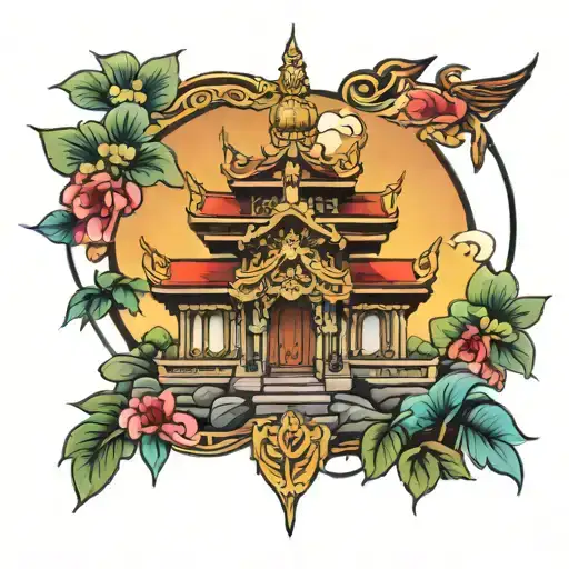 A Traditional Thai Temple With Intricate Details And Vibrant Colors, Set Against A Sunset Backdrop... Tattoo tattoo design idea