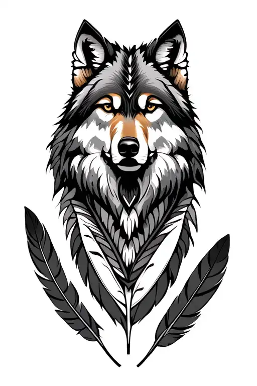 wolf indian feathers tattoo design idea