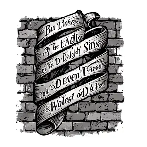 Words Of 7 Deadly Sins On Brick Wall Tattoo tattoo design idea