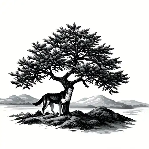 olive tree with a wolf nearby tattoo design idea
