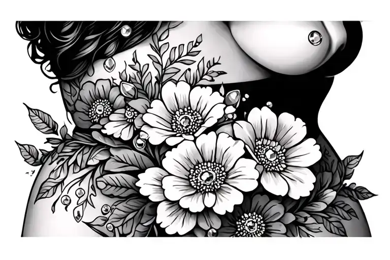 under boob tattoo with flowers and gems scattered tattoo design idea