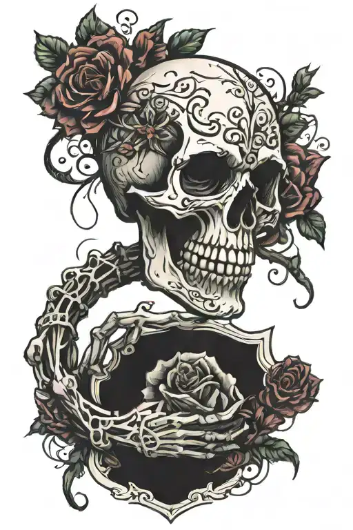 skull hands holding hip tattoo design idea